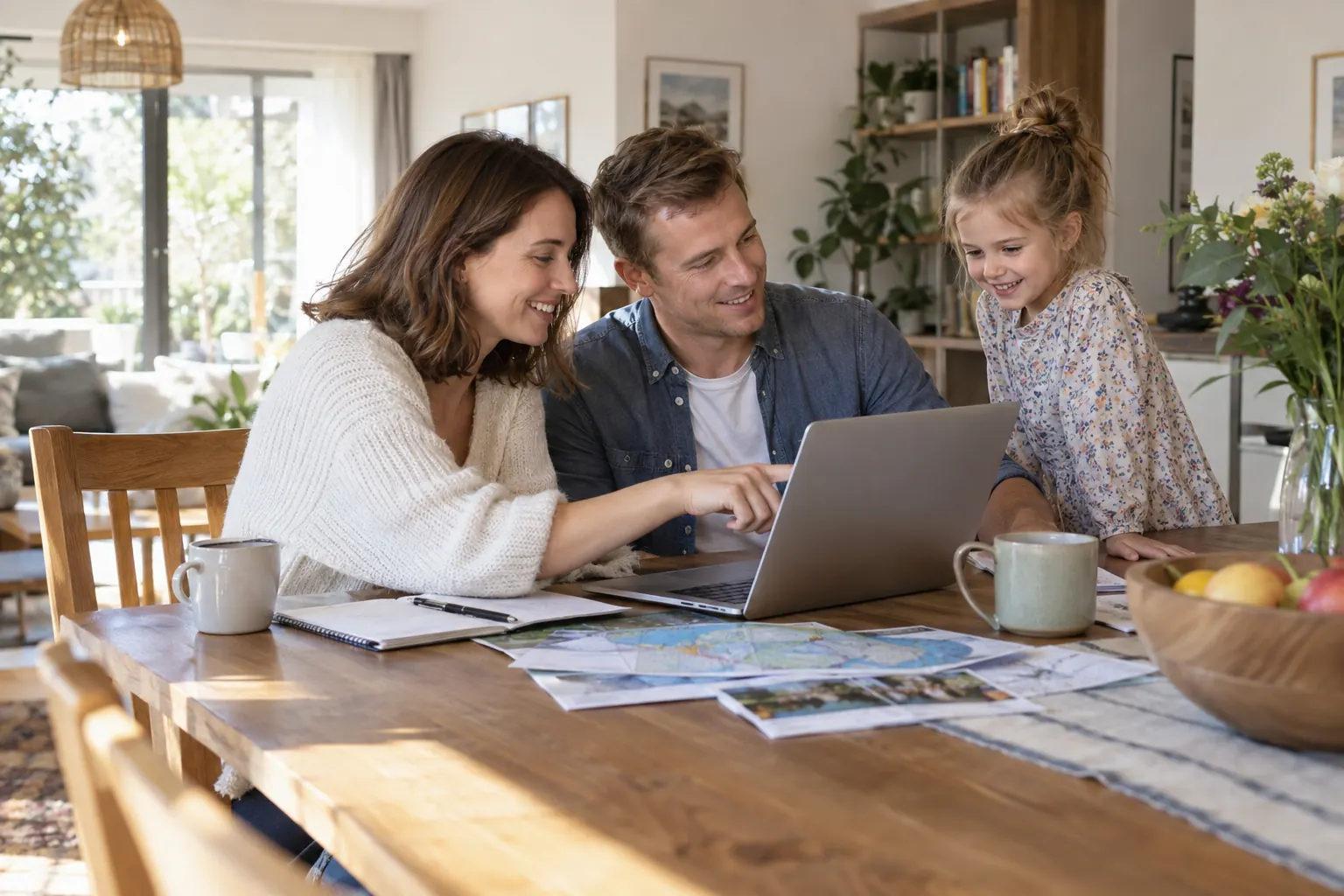 Parents and their daughter planning together at a sunny kitchen table