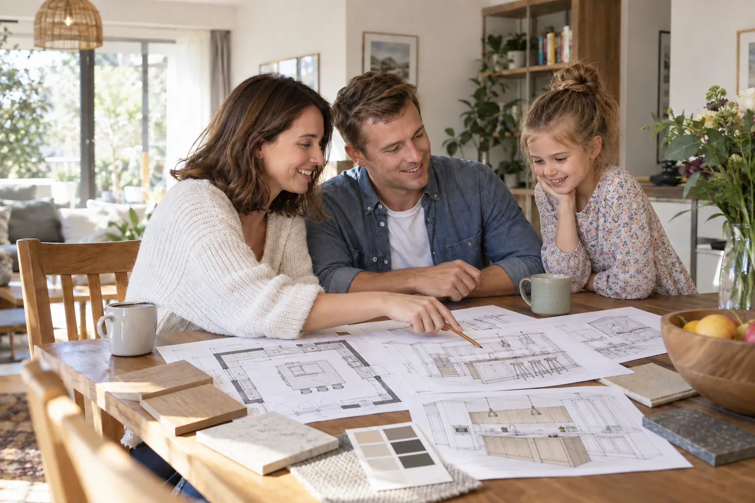 A family smiling over kitchen floor plans, sketches and material swatches at the dining table