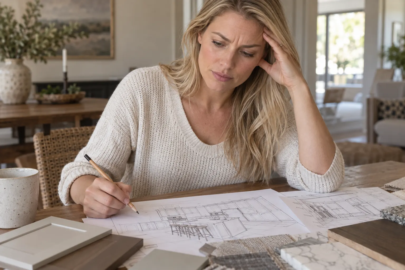 A homeowner looking worried over kitchen sketches and material samples